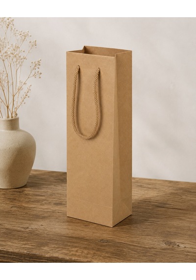 Şişelik İpli Kraft Karton Poşet, 1 Adet-12x10x38 Cm, Kalın Yapılı