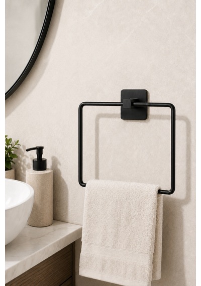 Paslanmaz Çelik Kare Yapışkanlı Siyah Kare Havluluk Banyo Askılığı