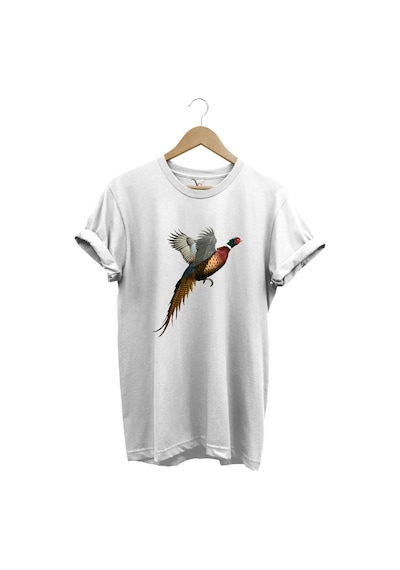 Avcılık Tavuskuşu Baskılı Minimal Regular Fit %100 Pamuk Beyaz T-shirt Beyaz