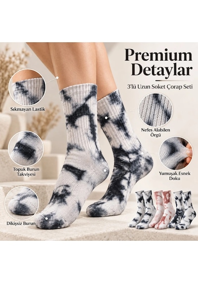 Genel Unisex Batik Desenli Çorap 3'lü Set Pamuklu Uzun Soket Günlük Spor Nef Çok Renkli / 39-44 / 3 Adet Çok  Renkli