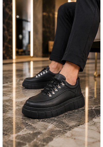 Mevese Duolc Bağcıklı Cilt Erkek Günlük Rahat Taban Sneaker Ayakkabı - Siyah
