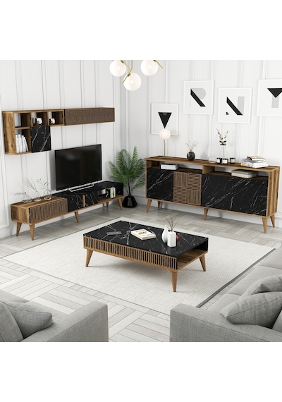 Variant Milan 3'Lü Salon Takımı - Ceviz - Siyah Mermer