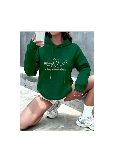Medinenur Mommy Kalp Baskılı Kapüşonlu Cepli Sweatshirt Yeşil