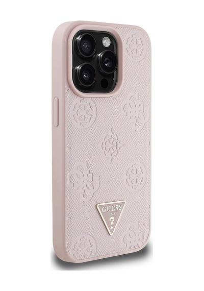 Apple Uyumlu iPhone 15 Pro Max Kılıf Guess Lisanslı Magsafe Özellikli Üçgen Logolu Pu Deri Peony Kapak Pembe