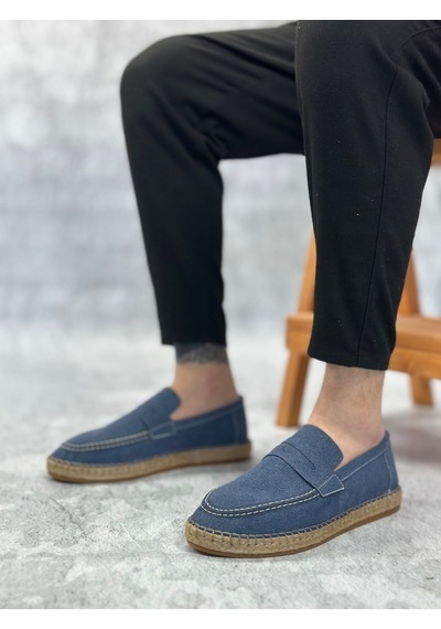 Ba0359 Boa Doğal Deri Tozu Bağcıksız Kauçuk El Yapımı Espadril Taban Mavi Renk Erkek Ayakkabı Mavi