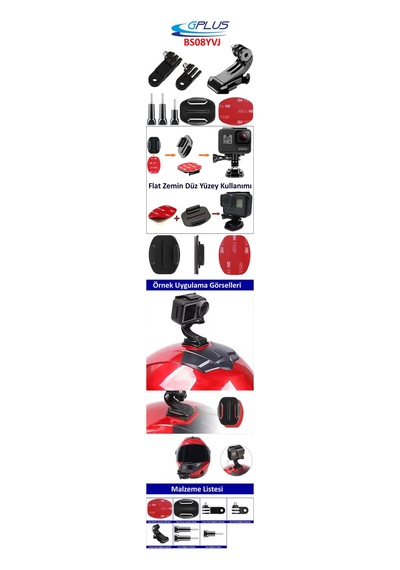 Gplus Bs08yvj 8 Parça Flat Zemin Düz Yüzey Vidalı J-hook Açılı 3 Yollu Aksiyon Kamera Uyumlu 3m Yapışkanlı Motor Kask Bağlantı Seti Siyah