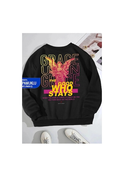 Tarzsokak Siyah Oversize Goog Grace Baskılı Pamuklu Kapşonsuz 0 Yaka Unisex Sweatshirt