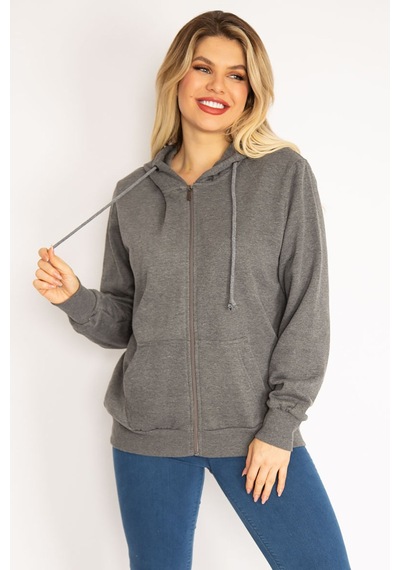 Şans Kadın Gri Sırtı Çift Fermuar ve Çıtçıt Düğme ve Ön Fermuarlı İçi Şardonlu Sweatshirt 65n35069-gri Gri
