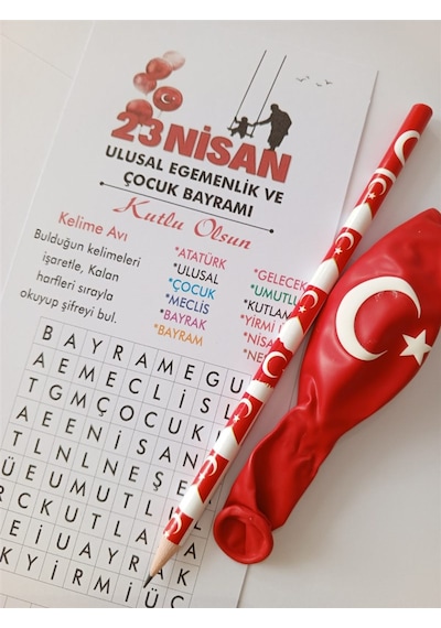 Farklı Market 23 Nisan Kelime Avı Türk Bayraklı Balon Ve Kalem 25 Adet Çok Renkli