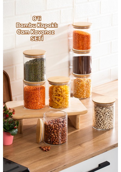 Porsima 1-4 Bambu Borosilikat Vakumlu Kapaklı Yuvarlak Cam 8li Kavanoz Seti Saklama Kabı 750ml 10x12cm