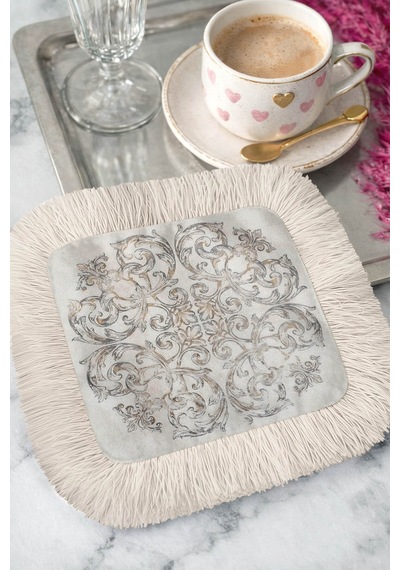 Barok Zarafet Saçaklı Gösterişli Sunum Servis Altlığı Mendil - Vintage Bohem Gri Sunumluk Peçete Çok Renkli