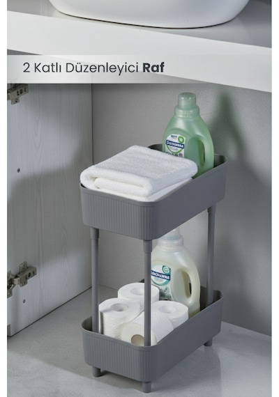Banyo Düzenleyici 2 Katlı Gri Raf Kozmetik, Makyaj Şampuan, Havlu Dolap Organizeri Gri