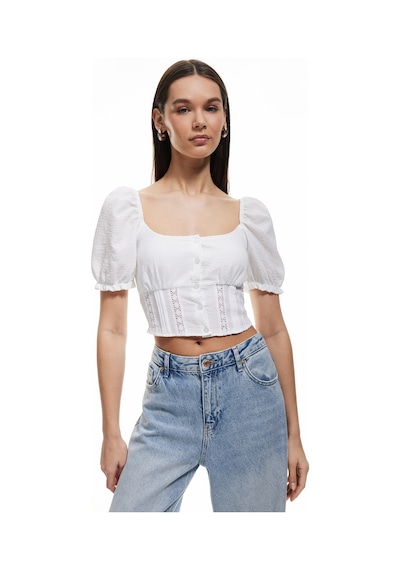 Koton Gipeli Poplin Balon Kol Dantel Detaylı Crop Bluz Ekru 5sal60018ıw Ekru