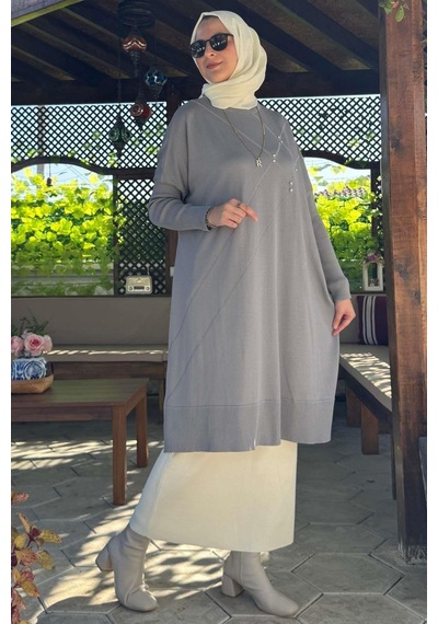 Rabia Şamlı Melda Triko Tunik Gri Çok Renkli