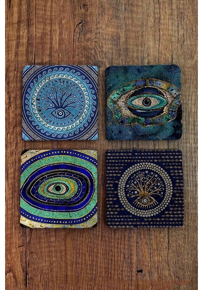 Doğal Taş Bardak Altlığı Uv Baskılı 4'lü Set Nazar - Stone Coasters Çok Renkli