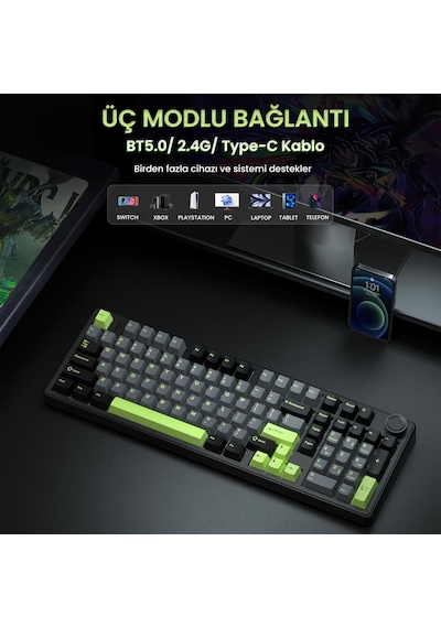 Aula F99 Pro 3 Modlu Rgb Hot Swap Mekanik Graywood V3 Switch Kablosuz Makrolu Klavye Yeşil