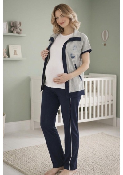 Mecit Pijama Mecit 6352 Lacivert Bayan Yelekli Hamile Lohusa Pijama Takımı