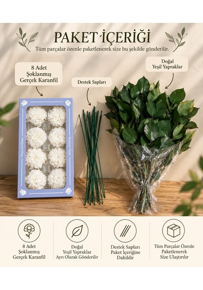 Premium Şoklanmış Gerçek Karanfil Buketi 8 Adet Beyaz Karanfil Ve Doğal Yeşil Yapraklı Uzun Ömürlü Dekoratif Çiçek Beyaz - Koyu Yeşil Premium Şoklanmış Gerçek Karanfil Buketi 8 Adet Beyaz Karanfil Ve Doğal Yeşil Yapraklı Uzun Ömürlü Dekoratif Çiçek Beyaz - Koyu Yeşil