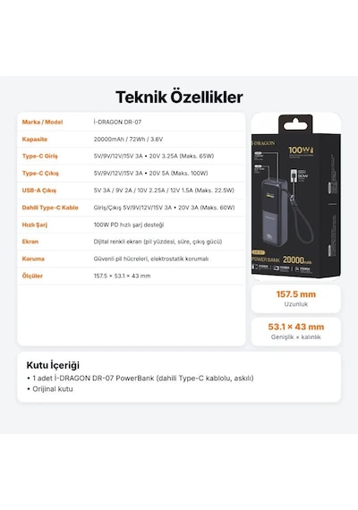 Dr-07 20000mah 100w Hızlı Şarj Powerbank Dijital Ekranlı Dahili Type-c Kablolu Dizüstü Uyumlu Gri