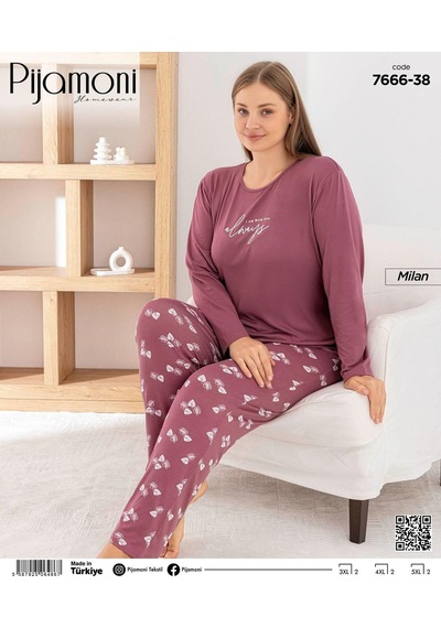 Pijamoni Kadın Milan Büyük Beden Bisiklet Yaka Uzun Kol İnce Pijama Takımı 7666/38 - 1 Adet Gülkurusu Pijamoni Kadın Milan Büyük Beden Bisiklet Yaka Uzun Kol İnce Pijama Takımı 7666/38 - 1 Adet Gülkurusu