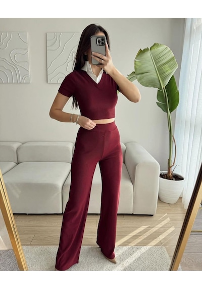 Elaxi Ottoman Kumaş Gömlek Garnili Crop-pantolon İkili Takım Bordo Elaxi Ottoman Kumaş Gömlek Garnili Crop-pantolon İkili Takım Bordo
