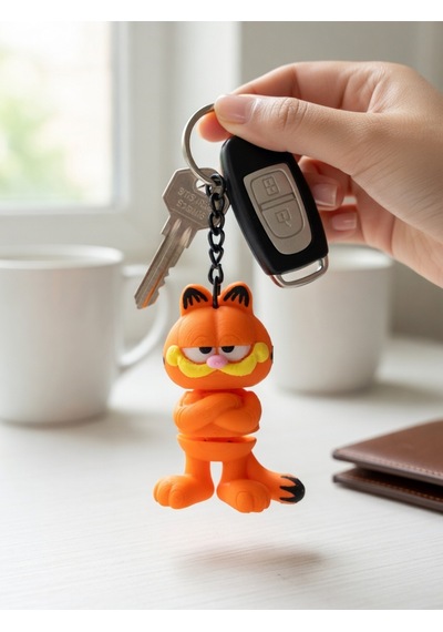 2 Adet Klasik Garfield Kedi Anahtarlığı 3d Esnek - Siyah Zincirli Turuncu