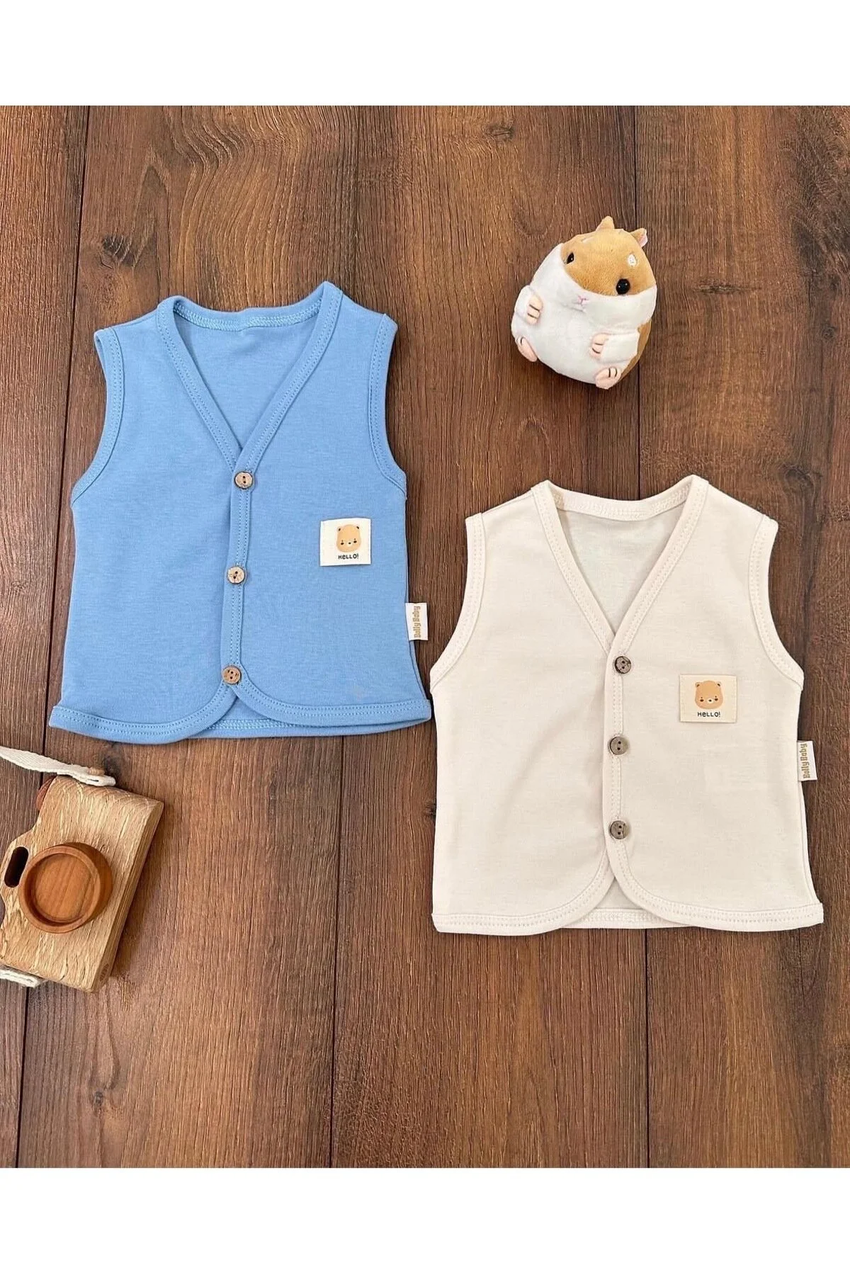 Mini Boncuk Bebek Yeleği Unisex Önden Düğmeli Kolsuz Yelek, Yumuşak Ve Rahat, 0-12 Ay Beyaz - Açık Lacivert