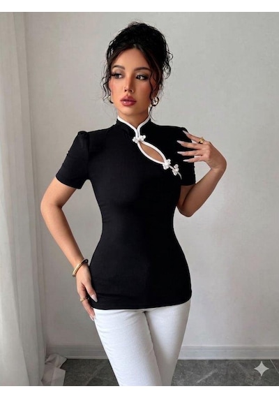 Mareandpanda Kadın Beyaz Şerit Detaylı Dar Kesim Dik Yaka Bluz SIYAH