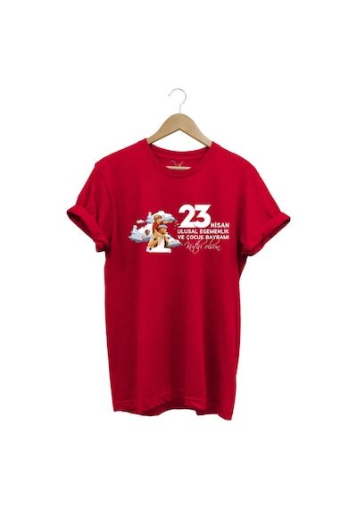 23 Nisan Çocuk Bayramı Mustafa Kemal Atatürk Baskılı %100 Pamuk Regular Fit Bisiklet Yaka T-shirt Kırmızı