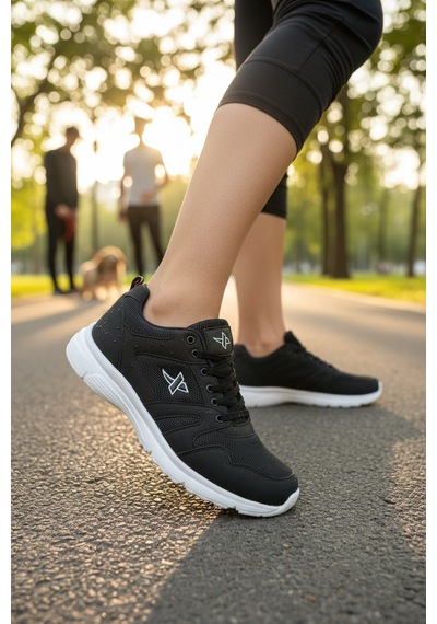 Enoch Unisex Beyaz Yüksek Tabanlı Bağcıklı Yürüyüş Ve Koşu Spor Ayakkabı Günlük Sneaker Siyah - Beyaz