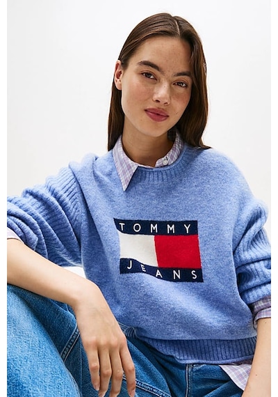 Tommy Hilfiger Kadın Relaxed Fit Grafik Logolu Triko Kazak - Mavi Vintage Iris Htr