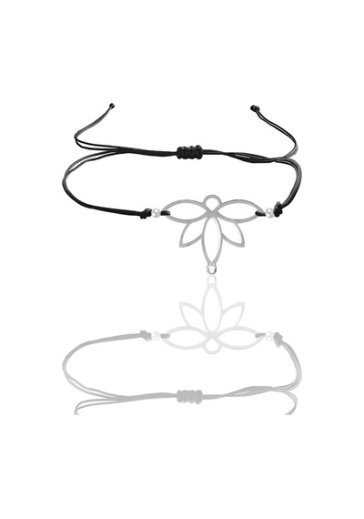 Gümüş Lotus Yaşam Çiçeği Siyah İpli Bileklik
