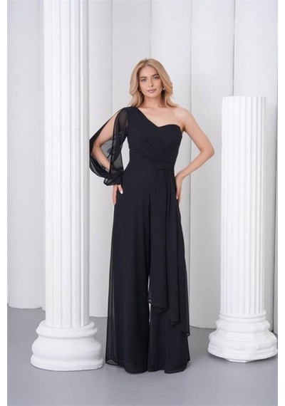 Neşeli Butik Kadın Siyah Tek Kol Astarlı Tül Kumaş Tasarım Abiye Tulum Nbs9389