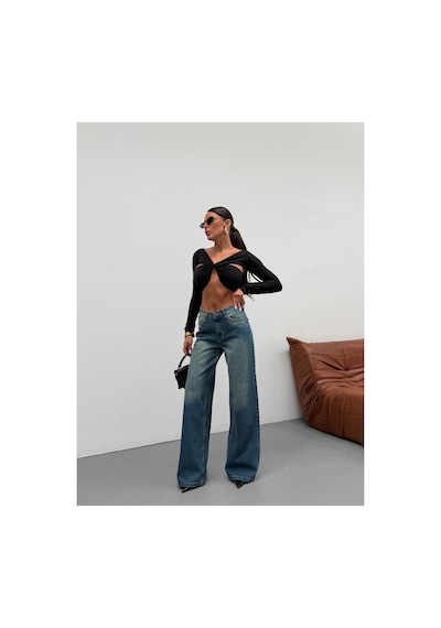 Kene Jeans Kadın Wide Leg Yüksek Bel Bol Paça Kot/denim Palazzo Pantolon Yeşil Tintli