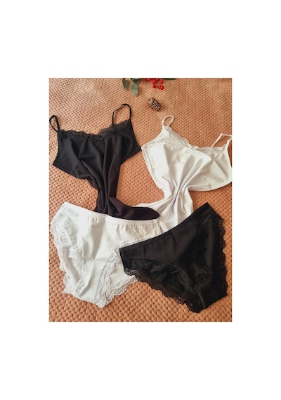 Demirsa Boutique Dantelli Ip Askılı 2'li Siyah Ve Beyaz Renk Kadın Atlet Külot Takım Siyah-beyaz