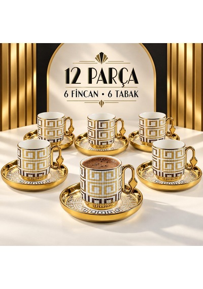 Valkyrie 12 Parça 6 Kişilik 80 Ml Geometrik Desenli Türk Kahvesi Fincan Takımı Gold K651-c