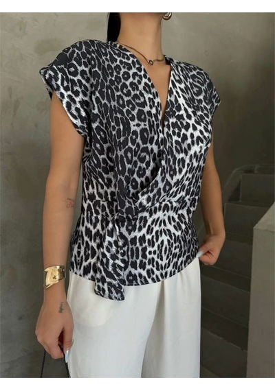 Defymoda Leopar Desen Yandan Bağlama Detaylı Bluz - Gri Gri