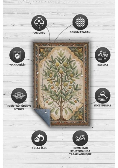 Homshtag Art Deco Zeytin Ağacı Halısı Bitki Temalı Soft Yeşil Renk Etnik Dijital Baskı Çiçekli Halı Çok Renkli