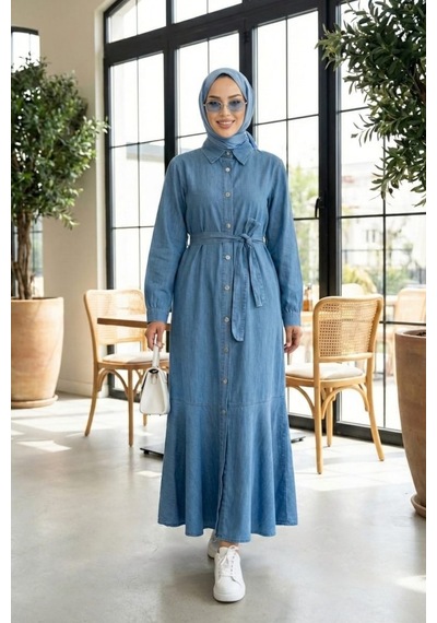 Hb Harma Time Butik Kadın Düğmeli Kuşaklı Açık Kot Mavi Elbise Açık Mavi