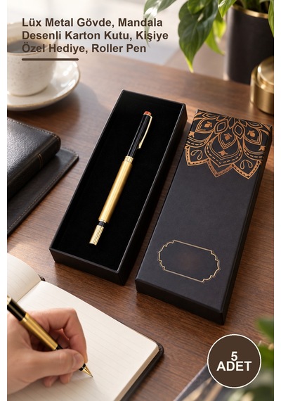 5 Adet Roller Kalem Lüx Metal Gövde, Mandala Desenli Karton Kutu, Kişiye Özel Hediye, Roller Pen