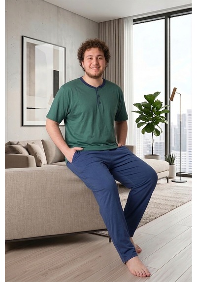 Bravie Erkek Yakası Düğmeli Altı Uzun Kısa Kollu Pamuklu Büyük Beden Yazlık Pijama Takımı Yeşil Yeşill