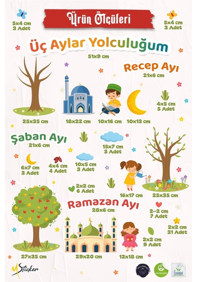 Üç Aylar Yolculuğum Sticker Seti Recep Şaban Ramazan Ayı Çift Taraflı Cam Duvar Sticker Dijital Baskı