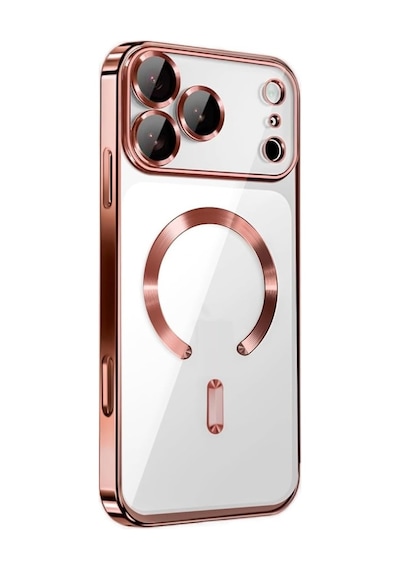 Apple Uyumlu iPhone 17 Pro Max İçin Magsafe İle Kılıf Kamera Lensli Korumalı Şeffaf Silikon Kapak Rose Gold