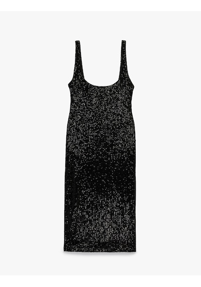 Koton Pullu Payetli Kolsuz U Yaka Midi Slim Fit Abiye Elbise Siyah 6sak80010fk