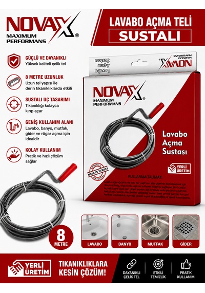 Novax Banyo Mutfak Lavabo Açma Teli Sustaalı 8 Metre