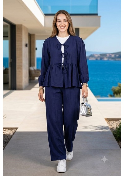 Hb Harma Time Butik Kadın Bağlamalı Çilek Kumaş Lacivert Tunik Pantolon İkili Takım