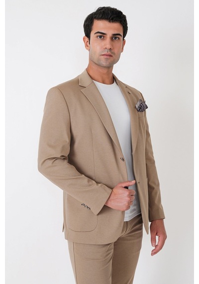 Comfort Fit Çift Yırtmaç Torba Cep Metal Düğmeli Koyu Bej Blazer Ceket C 734