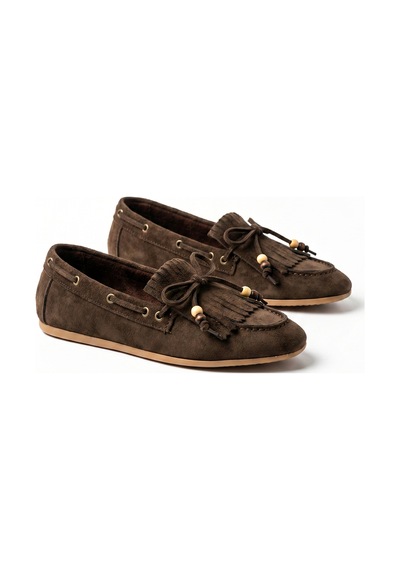 Giamgia Store Püsküllü Boncuk Detaylı Kahverengi Süet Makosen Loafer Ayakkabı-2415