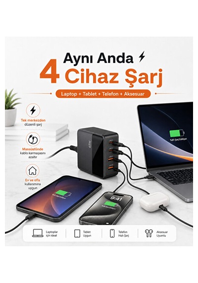 65w Gan Masaüstü Şarj Cihazı 4 Port 2 Usb-c 2 Usb-a Lcd Göstergeli
