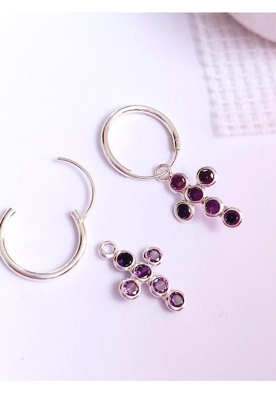 Keskin Gümüş Amatist Taşlı Haç Figürlü Tragus Kadın Halka Küpe